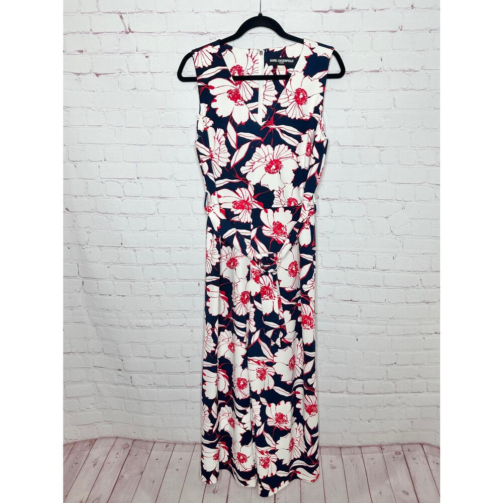 Karl Lagerfeld Pairs Navy Blue Floral Sleeveless Jumpsuit Women 12 White Flowers